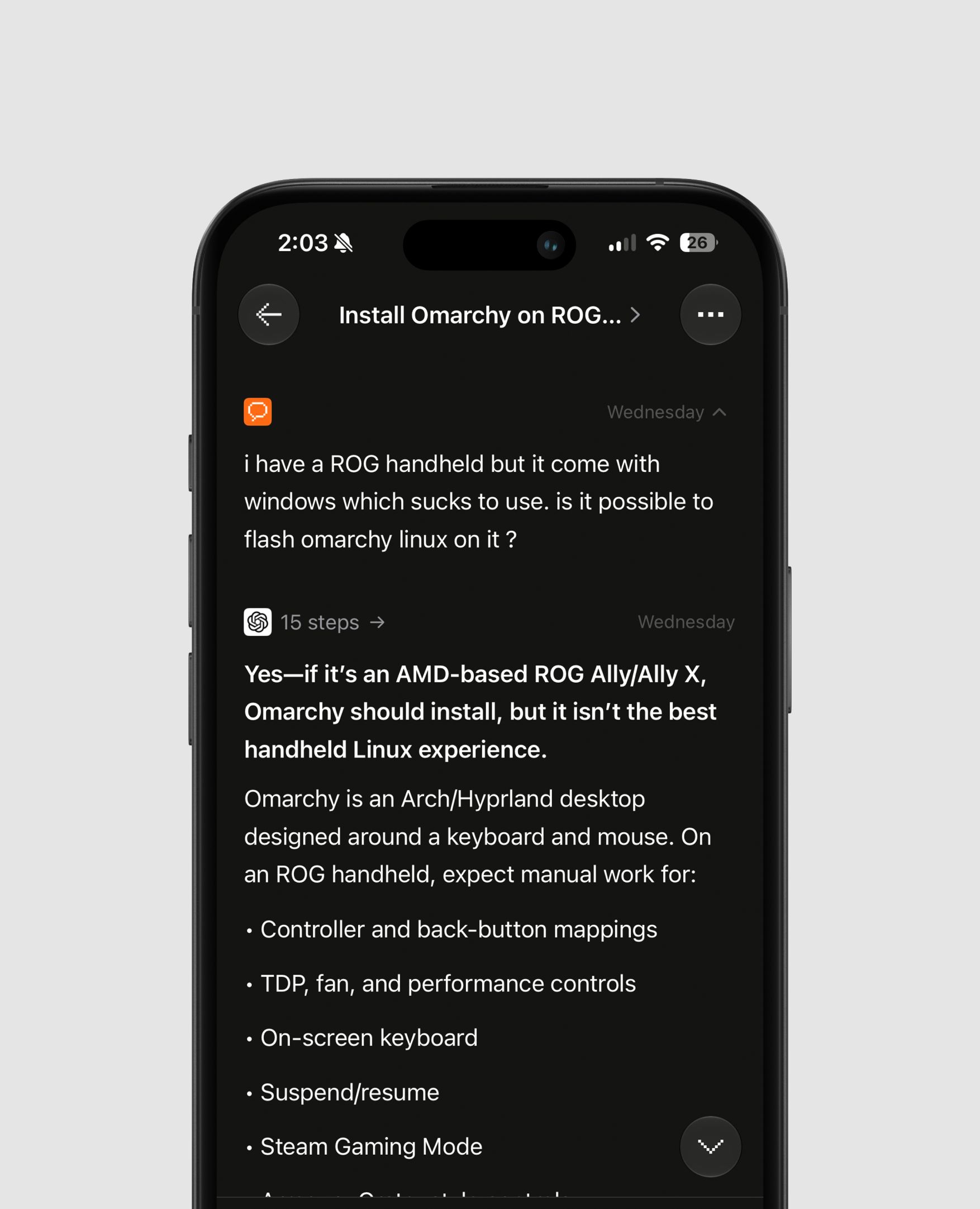 A phone showing an AI conversation about installing Linux on a ROG Ally.