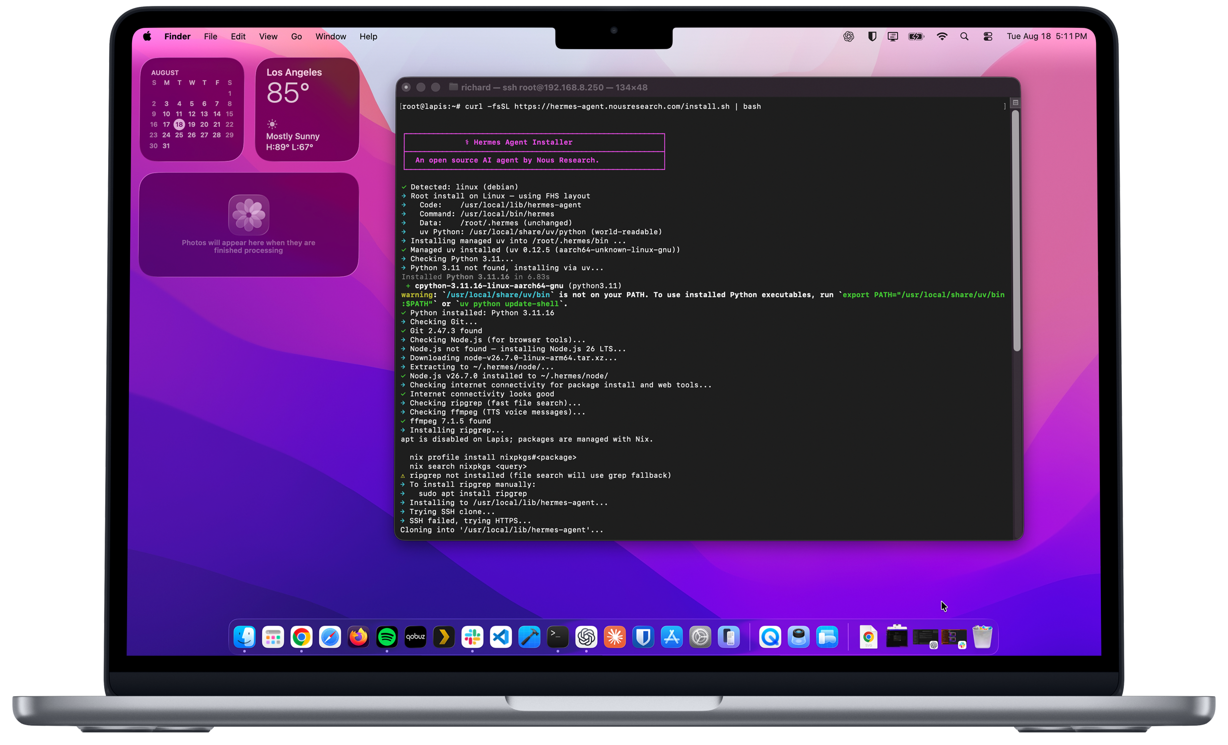 A MacBook terminal installing the Hermes AI agent on a Lapis One over SSH.