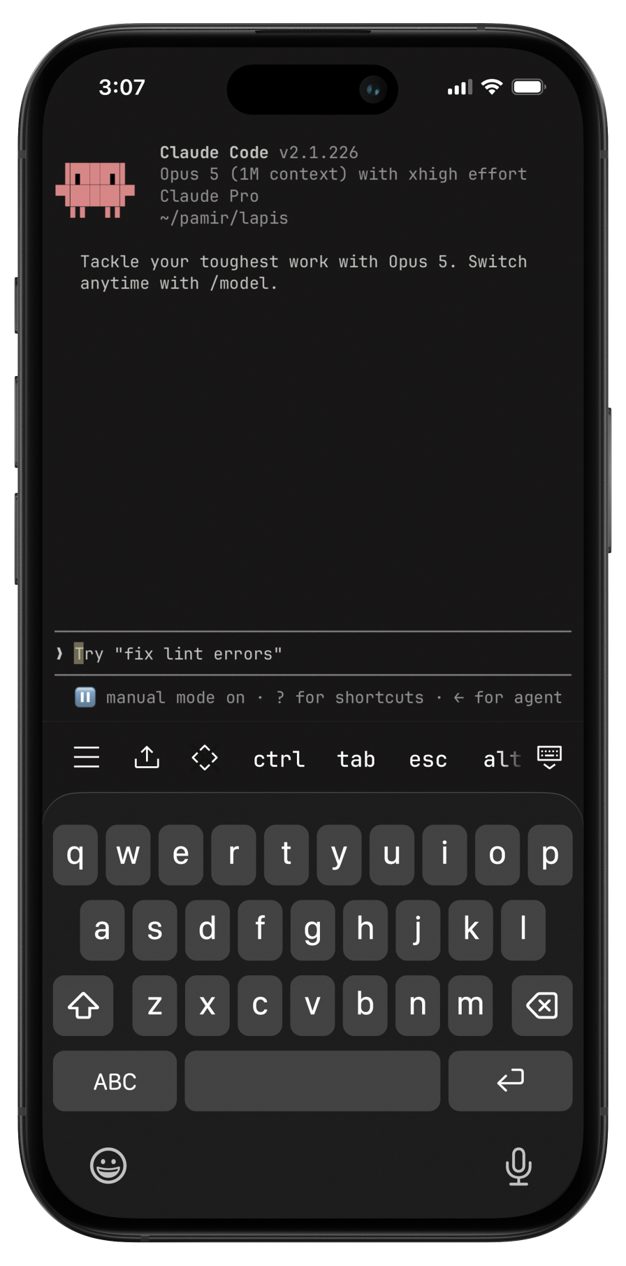 An iPhone displaying a Claude Code terminal session.