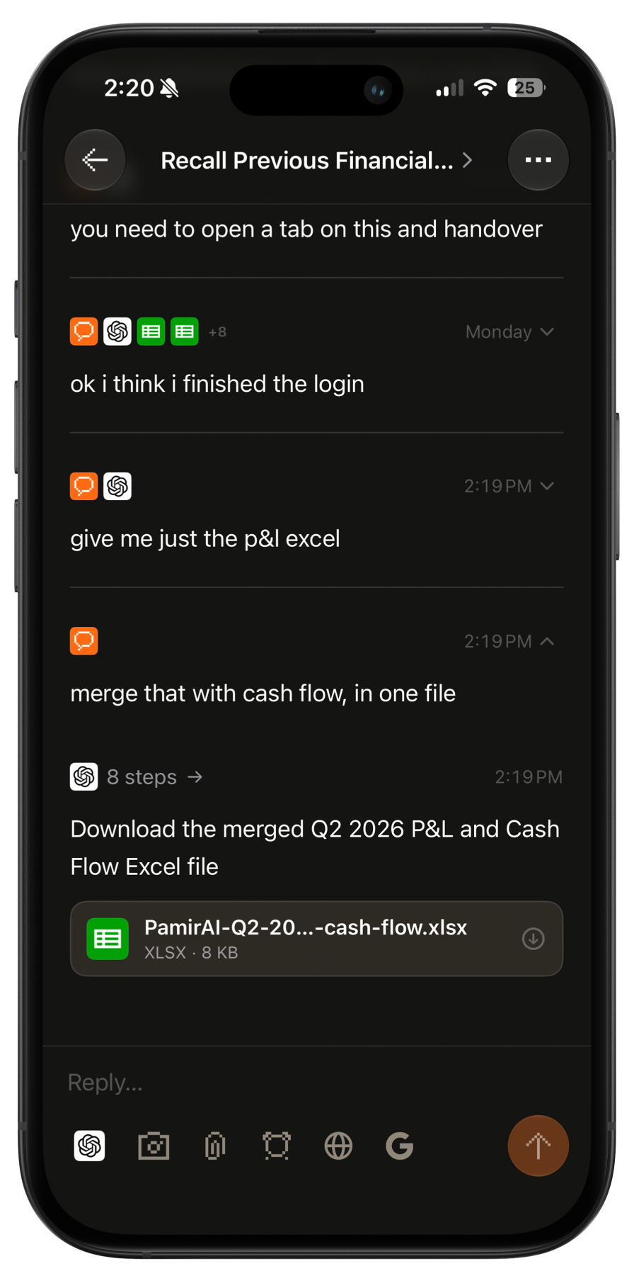 An iPhone displaying a Lapis One mobile app conversation about creating a financial spreadsheet.